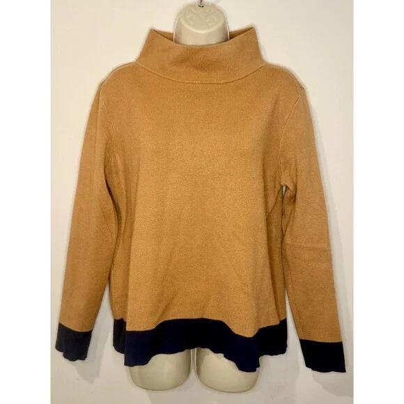 Avara Mock Neck Knit Sweater Top Tan with Navy Border Size M Medium EUC! - Picture 2 of 6